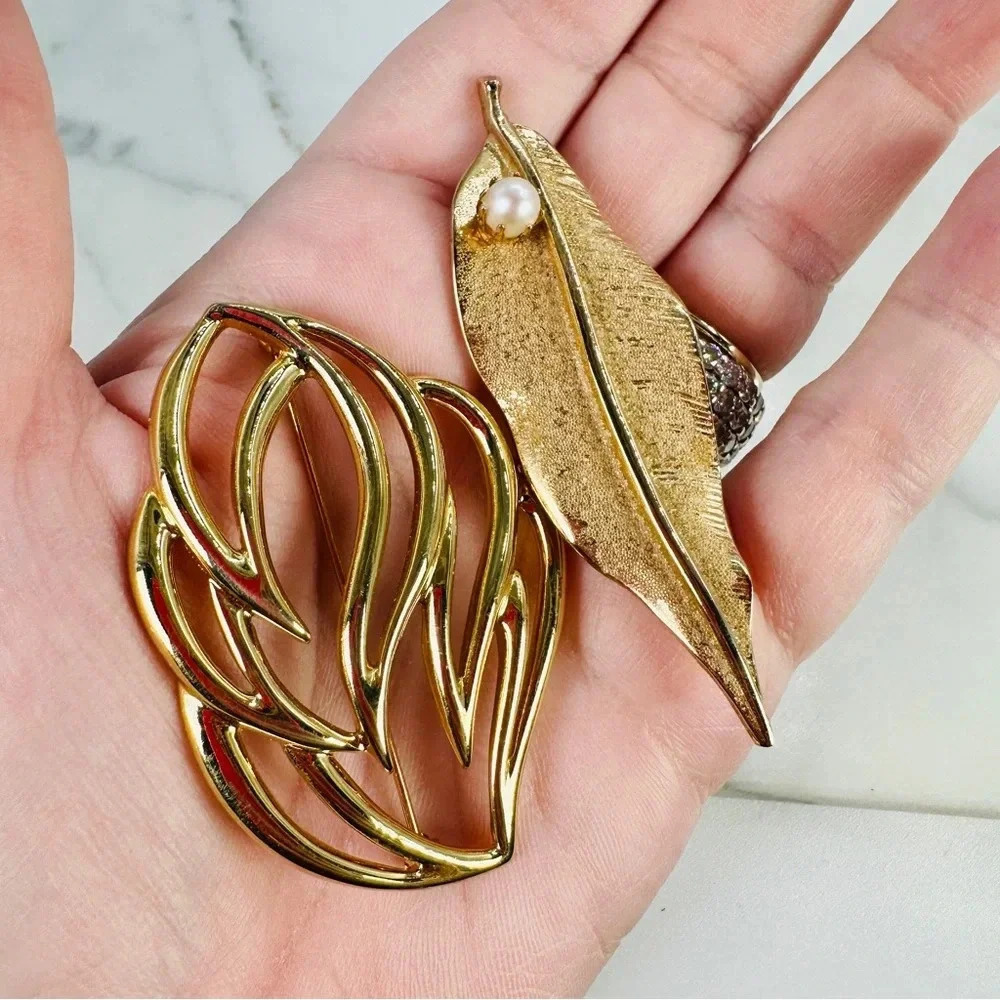 Vintage Monet Kramer Leaf Brooches 2 Pins Signed Gold Tone Pearl Unisex